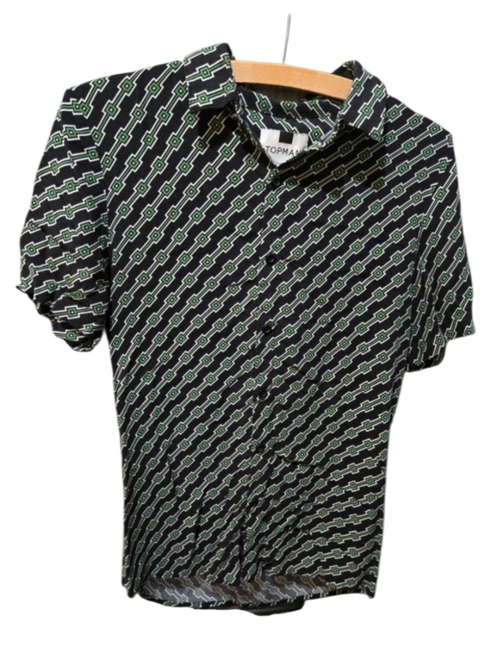 Topman Geometric Print Button Front Shirt Black Green Short Sleeve XS